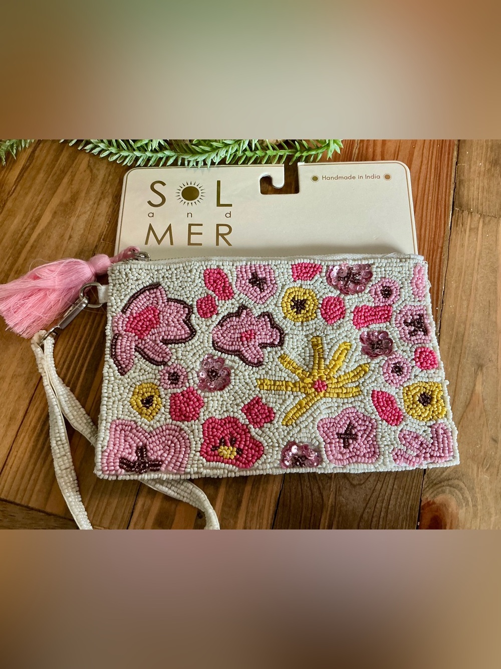 Sol and Mer Hand-Beaded Floral Wristlet Clutch - Pink & Yellow